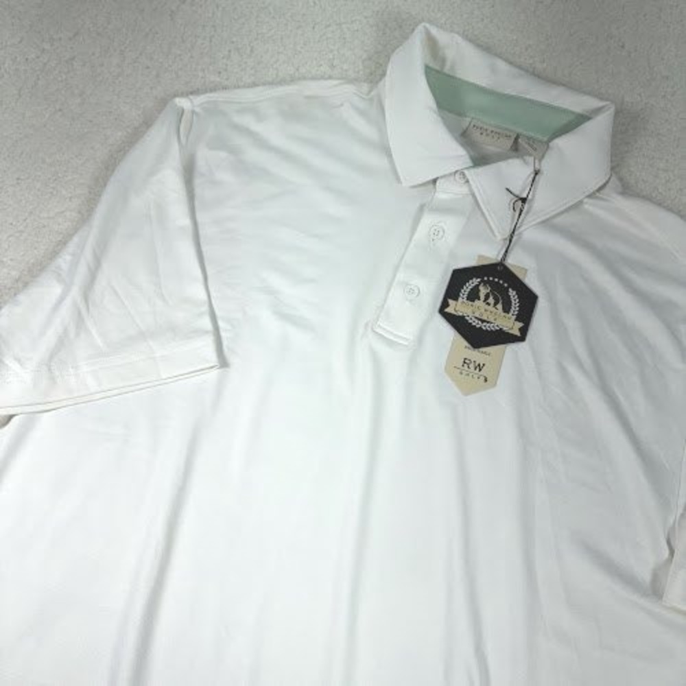 Rorie Whelan Polo Shirt Mens XL White‎ Green Trim Golf Dry Wicking UPF 50